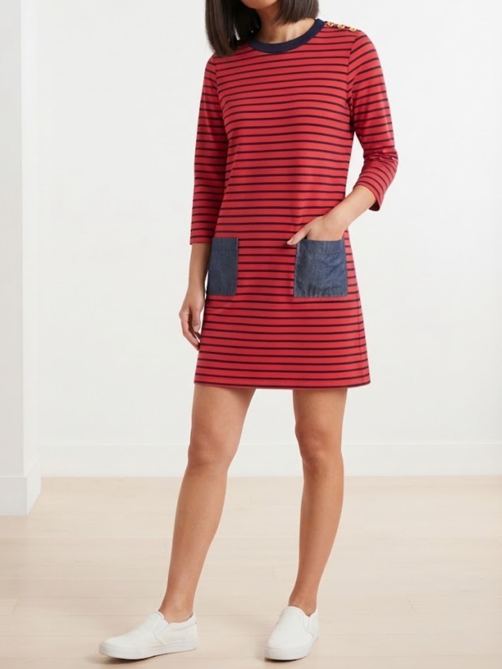 Crown & Ivy Red Navy Striped Pocket Dress Size Large Gold Shoulder Buttons